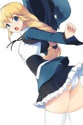 Rule 34 | 1girl, angry, blonde hair, blue eyes, frilled skirt, frills, hat, long hair, looking back, murano (ursa polaris), open mouth, original, panties, pantyshot, pleated skirt, skirt, solo, thighhighs, underwear, ursa polaris, white background, white panties, white thighhighs, witch hat