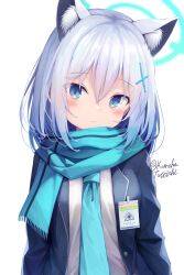 Rule 34 | 1girl, animal ear fluff, animal ears, artist name, blazer, blue archive, blue eyes, blue jacket, blue necktie, blue scarf, blush, breasts, closed mouth, commentary request, fringe trim, grey hair, hair between eyes, hair ornament, halo, head tilt, highres, jacket, looking at viewer, necktie, open clothes, open jacket, partial commentary, scarf, school uniform, shiroko (blue archive), shirt, simple background, small breasts, solo, tateishi kureha, twitter username, upper body, white background, white shirt