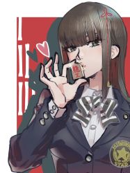 Rule 34 | 1girl, blue jacket, board game, border, bow, bowtie, brown hair, collared shirt, commentary, flower knot, grey hair, hair between eyes, hair ribbon, hair tie, heart, highres, hime cut, jacket, kosei high school uniform, long hair, long sleeves, looking at viewer, persona, persona 5, poechan chan, red background, ribbon, school uniform, shadow, shirt, shogi, shogi piece, simple background, solo, striped bow, striped bowtie, striped clothes, tassel, tougou hifumi, white border, white shirt