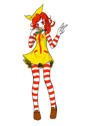 Rule 34 | 1girl, :t, burger, eating, food, gender request, genderswap, joey (lilinjunyi), long sleeves, mcdonald&#039;s, red eyes, red hair, ronald mcdonald, short hair, solo, standing, striped clothes, striped thighhighs, thighhighs, v, white background