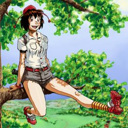 Rule 34 | 1girl, :d, adapted costume, arm support, belt, blue sky, branch, brown eyes, brown hair, buckle, camera, cutoffs, day, denim, denim shorts, dress shirt, female focus, field, geta, happy, hat, in tree, landscape, legs, looking at viewer, open mouth, outdoors, ragathol, shameimaru aya, shirt, shoes, short hair, short shorts, shorts, sitting, sitting in tree, sky, smile, socks, solo, striped clothes, striped socks, tokin hat, torn clothes, touhou, tree