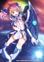 Rule 34 | 1girl, :d, armor, armored twintails, boots, breasts, cleavage, cleavage cutout, clothing cutout, dress, energy weapon, floating, galaxy dungeon, green eyes, hair ornament, kitiroku, navel cutout, open mouth, pauldrons, pink hair, planet, pleated dress, shield, short dress, shoulder armor, sideboob, smile, solo, space, square enix, star (symbol), star hair ornament, twintails, waist cutout, weapon, white dress