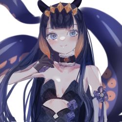 Rule 34 | 1girl, black gloves, black hair, blue eyes, blush, breasts, collarbone, detached sleeves, dress, eyebrows hidden by hair, fur choker, gloves, highres, hololive, hololive english, long hair, looking at viewer, mole, mole under eye, ninomae ina&#039;nis, noyama (prosiuttooishi), portrait, simple background, single detached sleeve, small breasts, smile, solo, strapless, strapless dress, tentacles, tube dress, virtual youtuber, white background