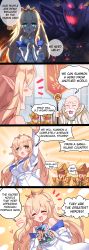 Rule 34 | 1girl, 3boys, 4koma, ^^^, ^ ^, absurdres, armor, blonde hair, blush, blush stickers, book, breasts, brooch, closed eyes, comic, commentary, demon, elf, english commentary, english text, closed eyes, green eyes, guard, hair between eyes, heart, highres, holding, holding book, holding manga, jewelry, long hair, long sleeves, manga (object), merryweather, monster, multiple boys, off shoulder, old, old man, open mouth, original, own hands together, parody, pointy ears, rayno, speech bubble