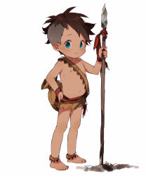 Rule 34 | 1boy, anklet, blue eyes, child, highres, holding, holding polearm, holding spear, holding weapon, jewelry, male focus, nemui (nemuriyagi), nipples, original, polearm, simple background, smile, solo, spear, standing, topless male, tribal, undercut, weapon, white background