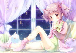 1girl, arm at side, bare legs, bed, bed sheet, bedroom, cardigan, chains, character doll, closed mouth, collarbone, commentary, constellation, crescent moon, curtains, cushion, eyebrows visible through hair, finger to mouth, flat chest, frills, full body, green shorts, hair ribbon, hand up, head tilt, highres, hoshikage wataru, indoors, kaname madoka, knee up, kyubey, light blush, light smile, looking at viewer, loose socks, mahou shoujo madoka magica, moon, moon (ornament), nebula, night, night sky, no shoes, on bed, open cardigan, open clothes, pajamas, pillow, pink cardigan, pink hair, pink legwear, red ribbon, ribbon, shiny, shiny hair, shooting star, shorts, signature, sitting, sky, socks, solo, star (sky), star (symbol), starry sky, tareme, twintails, window
