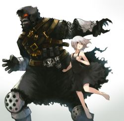 Rule 34 | 1boy, 1girl, barefoot, belt, black dress, blackball, commentary, dress, glowing, glowing eyes, monster, original, red eyes, short hair, simple background, size difference, torn clothes, white hair