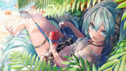Rule 34 | 1girl, :d, aqua eyes, aqua hair, aqua nails, barefoot, bikini, bikini under clothes, black bikini, blush, breasts, commentary, crop top, daidou (demitasse), day, food, from side, grey shirt, halterneck, hatsune miku, highres, holding, holding weapon, ice cream spoon, innertube, long hair, looking at viewer, looking to the side, lying, nail polish, navel, on back, open mouth, outdoors, revision, see-through, shallow water, shaved ice, shirt, short sleeves, small breasts, smile, solo, spoon, sunlight, swim ring, swimsuit, thigh strap, toenail polish, toenails, twintails, very long hair, vocaloid, water, weapon, wet, wet clothes, wet shirt
