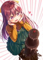 Rule 34 | 10s, 1girl, :d, alternate costume, black pantyhose, cake, casual, chocolate cake, dress, food, from above, green dress, gurande (g-size), hair between eyes, hands on own cheeks, hands on own face, highres, kamikaze (kancolle), kantai collection, long hair, looking down, open mouth, pantyhose, pink hair, ponytail, ribbon, sitting, smile, solo, sweater, turtleneck, turtleneck sweater, yellow ribbon
