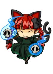 Rule 34 | 1girl, :3, ^ ^, animal ears, braid, cat ears, cat girl, cat tail, chibi, closed eyes, closed eyes, female focus, full body, hair ribbon, kaenbyou rin, multiple tails, pointy ears, red hair, ribbon, skull, socha, solo, tail, touhou, transparent background, twin braids