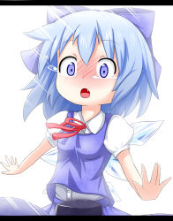 Rule 34 | 1girl, blue bow, blue eyes, blue hair, blue skirt, blue vest, blush, bow, breasts, cirno, collared shirt, commentary request, dress shirt, fang, hair between eyes, hair bow, ice, ice wings, letterboxed, looking at viewer, makuran, nose blush, open mouth, puffy short sleeves, puffy sleeves, ring box, shirt, short sleeves, simple background, skirt, small breasts, solo, tears, touhou, vest, white background, white day, white shirt, wings