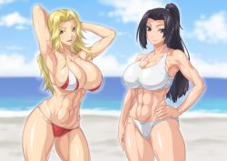 Rule 34 | 2girls, abs, armpits, arms behind head, arms up, bare shoulders, beach, bikini, black hair, blonde hair, blue sky, breasts, cleavage, closed mouth, cloud, collarbone, commentary request, commission, cowboy shot, day, female focus, gluteal fold, groin, hand on own hip, highres, large breasts, linea alba, long hair, looking at viewer, midriff, multiple girls, muscular, muscular female, navel, ocean, original, outdoors, ozaneko, parted bangs, parted lips, ponytail, presenting armpit, purple eyes, red bikini, sidelocks, skeb commission, skindentation, sky, smile, standing, string bikini, swimsuit, tankini, water, white bikini, yellow eyes