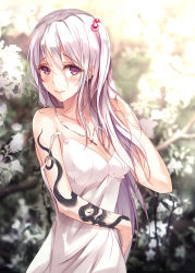 Rule 34 | 1girl, absurdres, alternate costume, bare arms, bare shoulders, blush, breasts, cleavage, collarbone, commentary request, cross, cross necklace, eien no juu nana-sai, flower, hair between eyes, hair bobbles, hair ornament, hand in own hair, hand up, highres, jewelry, long hair, looking at viewer, medium breasts, necklace, one side up, parted lips, pink hair, pink lips, shinki (touhou), silver hair, smile, snake tattoo, solo, spaghetti strap, standing, strap slip, tattoo, touhou, touhou (pc-98), upper body, very long hair, white flower