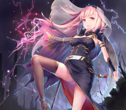 Rule 34 | 1girl, bare arms, black dress, black thighhighs, bracer, cloak, detached sleeves, dress, from below, high heels, hololive, hololive english, long hair, mogmog, mori calliope, purple hair, scythe, see-through, see-through sleeves, side slit, single detached sleeve, sleeveless, sleeveless dress, solo, spikes, straight hair, thighhighs, tiara, v-shaped eyebrows, veil, virtual youtuber