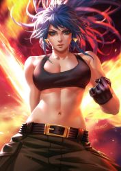 Rule 34 | 1girl, bare shoulders, black gloves, black tank top, blue eyes, blue hair, breasts, cleavage, dcwj, earrings, explosion, facial mark, gloves, high ponytail, highres, jewelry, large breasts, leona heidern, midriff, military, muscular, muscular female, navel, pants, ponytail, scar, signature, snk, soldier, solo, tank top, the king of fighters, the king of fighters xiii, toned, triangle earrings