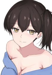 Rule 34 | 1girl, alternate costume, black hair, breasts, brown eyes, cleavage, collarbone, commentary request, highres, kaga (kancolle), kantai collection, ken (shutenndouji1), large breasts, long hair, looking at viewer, off shoulder, side ponytail, simple background, solo, upper body, white background