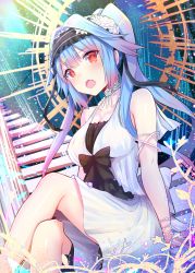 Rule 34 | 1girl, bare shoulders, blue hair, blush, bracelet, breasts, cleavage, collar, cosplay, crossed legs, dress, euryale (fate), euryale (fate) (cosplay), euryale (third ascension) (fate), fang, fate/grand order, fate/hollow ataraxia, fate (series), from side, hair between eyes, hair intakes, hairband, highres, i-19 (kancolle), jewelry, kantai collection, lolita hairband, long hair, medium breasts, necklace, open mouth, pearl necklace, red eyes, sitting, sleeveless, sleeveless dress, solo, sparkle, twintails, u rin, very long hair, white dress