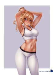 Rule 34 | 1girl, alternate costume, anrig, armpits, arms up, blonde hair, breasts, cleavage, commentary, cowboy shot, crop top, english commentary, genshin impact, grey eyes, hair between eyes, highres, jean (genshin impact), large breasts, leggings, long hair, looking at viewer, midriff, navel, pants, solo, sports bra, standing, stomach, sweat, thighs, tying hair, white pants