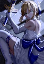 Rule 34 | 1girl, absurdres, ahoge, artoria pendragon (all), artoria pendragon (fate), blonde hair, breasts, dress, elbow gloves, excalibur (fate/stay night), fate/stay night, fate (series), gloves, green eyes, highres, holding, holding sword, holding weapon, lying, official alternate costume, on side, ponytail, saber (fate), sleeveless, sleeveless dress, small breasts, solo, strapless, strapless dress, sword, thighhighs, toukan, weapon, white dress, white gloves, white thighhighs