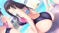 Rule 34 | 10s, 3girls, arm support, ass, bare legs, bare shoulders, barefoot, bent over, black hair, blue sky, breasts, brown eyes, competition swimsuit, day, door, dutch angle, feet out of frame, female focus, from behind, game cg, hair between eyes, hibiki works, iizuki tasuku, kisaragi maaya, knee up, large breasts, lips, long hair, looking at another, multiple girls, one-piece swimsuit, onee-chan no yuuwaku, open mouth, pool, poolside, school, school swimsuit, shade, sitting, sky, sleeveless, smile, soaking feet, sweatdrop, swimsuit, talking, thighs, tongue, water, water drop, water surface, wedgie, wet, window