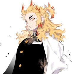 Rule 34 | 1boy, artist name, belt, blonde hair, cape, eyelashes, flame print, flaming sword, flaming weapon, forked eyebrows, grin, haori, high collar, highres, japanese clothes, kimetsu no yaiba, kyou zuki, light particles, male focus, multicolored hair, red hair, rengoku kyoujurou, sheath, sidelocks, simple background, smile, solo, sword, thick eyebrows, toned, toned male, tsurime, two-tone hair, uniform, unsheathing, weapon, white background, white belt, white cape