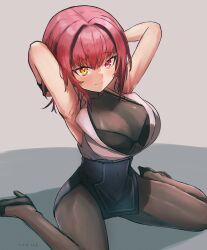 Rule 34 | 1girl, absurdres, armpits, arms behind head, arms up, black bra, black pantyhose, blush, bra, breasts, cleavage, commentary request, covered navel, futoshi tanaka, grey background, hair between eyes, hair intakes, heterochromia, high heels, highres, hololive, houshou marine, houshou marine (businesswoman), kneeling, large breasts, looking at viewer, official alternate costume, official alternate hair length, official alternate hairstyle, pantyhose, red eyes, red hair, see-through, see-through cleavage, shirt, short hair, skirt, sleeveless, sleeveless shirt, smile, solo, spread legs, underwear, virtual youtuber, yellow eyes