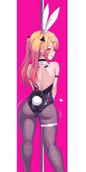Rule 34 | 1girl, ahoge, animal ears, ass, ayagi daifuku, back, bare back, bare shoulders, black leotard, blonde hair, blush, fake animal ears, fang, from behind, hair ornament, hairclip, heart, heart-shaped pupils, highres, holding, holding pole, hololive, leotard, long hair, looking at viewer, looking back, open mouth, pantyhose, pink background, pole, pole dancing, rabbit ears, rabbit hole (vocaloid), rabbit tail, simple background, skin fang, smile, solo, standing, strapless, strapless leotard, symbol-shaped pupils, tail, teardrop facial mark, twintails, virtual youtuber, vocaloid, wiggling ass, x hair ornament, yozora mel