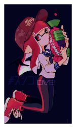 Rule 34 | 1girl, baseball cap, black background, black leggings, black neckerchief, blouse, blunt bangs, blunt ends, border, camouflage, camouflage headwear, clothes writing, commentary, cross-laced footwear, hashtag, hat, holding, holding weapon, imaikuy0, inkling, inkling (language), inkling girl, inkling player character, kneeling, leggings, long hair, long sleeves, looking at viewer, neckerchief, nintendo, parted lips, pointy ears, red eyes, red footwear, red hair, red hat, sailor collar, shirt, shoes, simple background, single vertical stripe, sneakers, solo, splatoon (series), splatoon 2, splattershot (splatoon), tentacle hair, transparent border, weapon, white shirt