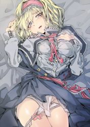 Rule 34 | 1girl, alice margatroid, bad id, bad pixiv id, blonde hair, blue eyes, blush, dress, dress shirt, female focus, geppewi, groin, hairband, lying, on back, open clothes, open dress, open mouth, panties, panty pull, sash, shirt, short hair, solo, touhou, underwear