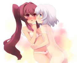 Rule 34 | 2girls, ass, bare shoulders, blue eyes, blush, bow, bow panties, bra, couple, eye contact, flat chest, glasses, grey hair, ikeda chitose, lingerie, long hair, looking at another, multiple girls, off shoulder, open mouth, own hands clasped, own hands together, panties, ponytail, purple eyes, purple hair, see-through, shin (new), short hair, sidelocks, strap slip, sugiura ayano, underwear, underwear only, very long hair, wavy mouth, yuri, yuru yuri
