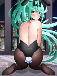 Rule 34 | 1girl, ass, bare shoulders, blush, eeveestrations, from behind, green eyes, green hair, hairband, highres, kneeling, leotard, long hair, looking at viewer, pantyhose, parted lips, playboy bunny, pneuma (xenoblade), ponytail, rabbit ears, rabbit tail, shiny clothes, shiny skin, solo, tail, very long hair, xenoblade chronicles (series), xenoblade chronicles 2