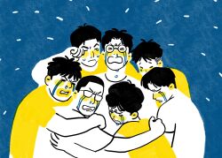 Rule 34 | 6+boys, black hair, blue background, character request, chengongzi123, chinese commentary, closed eyes, closed mouth, commentary request, crying, flying teardrops, glasses, group hug, highres, hug, kogure kiminobu, limited palette, male focus, multiple boys, open mouth, round eyewear, short hair, simple background, slam dunk (series), tears, undercut, upper body, very short hair, wiping tears