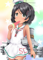 Rule 34 | 1girl, anchor ornament, black eyes, black hair, braid, cannon, clothes writing, commentary request, cowboy shot, dress, food, highres, kantai collection, looking at viewer, low-cut armhole, mole, mole under eye, neckerchief, ouno (nounai disintegration), popsicle, sailor collar, sailor dress, scirocco (kancolle), short hair, sleeveless, sleeveless dress, smokestack, solo, striped, striped neckerchief, striped neckwear, tan, turret, two side up, watermelon bar, white sailor collar