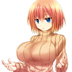 Rule 34 | 1girl, arms up, beige sweater, blonde hair, blue eyes, breasts, commentary, expressionless, eyebrows hidden by hair, hair between eyes, hands on own head, hands up, highres, jitome, large breasts, long sleeves, looking at viewer, original, parted lips, ribbed sweater, setana, short hair, simple background, solo, sweater, teeth, turtleneck, turtleneck sweater, upper body, watarui, white background