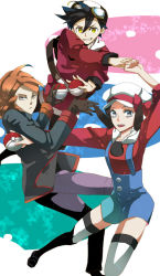 Rule 34 | 00s, 1girl, 2boys, bad id, bad pixiv id, black eyes, black hair, creatures (company), ethan (pokemon), game freak, gloves, goggles, goggles on head, hat, holding, holding poke ball, kris (pokemon), looking at viewer, multiple boys, nintendo, open mouth, orange hair, poke ball, pokemon, pokemon adventures, pokemon hgss, silver (pokemon), thighhighs, white thighhighs, yellow eyes