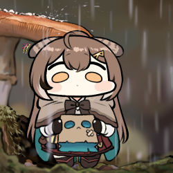Rule 34 | 1girl, :&lt;, ahoge, blush stickers, brown hair, capelet, chibi, closed mouth, commentary, dot mouth, feather hair ornament, feathers, friend (nanashi mumei), full body, hair ornament, hairclip, holding, hololive, hololive english, jazz jack, long sleeves, lowres, mini person, minigirl, mushroom, nanashi mumei, photo-referenced, rain, signature, solo, symbol-only commentary, virtual youtuber, yellow eyes