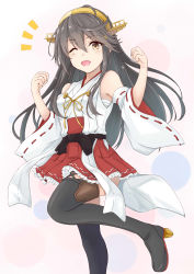 Rule 34 | 10s, 1girl, absurdres, bare shoulders, black hair, boots, brown eyes, clenched hands, detached sleeves, gensoukitan, hair ornament, hairband, hairclip, haruna (kancolle), headgear, highres, kantai collection, long hair, nontraditional miko, one eye closed, open mouth, ribbon-trimmed sleeves, ribbon trim, sarashi, skirt, smile, solo, thigh boots, thighhighs, wide sleeves