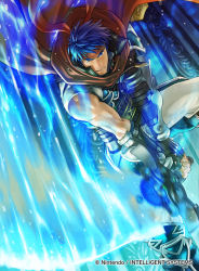Rule 34 | 1boy, angry, belt, blue eyes, blue fire, blue hair, cape, clenched teeth, company name, copyright name, fire, fire emblem, fire emblem: radiant dawn, gloves, headband, ike (fire emblem), kita senri, male focus, matching hair/eyes, muscular, nintendo, official art, serious, solo, sword, teeth, weapon