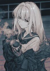 Rule 34 | 1girl, bad tag, closed mouth, coffee, cup, hair between eyes, highres, holding, holding cup, jacket, long hair, long sleeves, looking at viewer, monochrome, neckerchief, off shoulder, sailor collar, school uniform, serafuku, solo, steam, upper body, violet evergarden