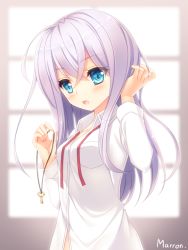 Rule 34 | 10s, 1girl, artist name, blue eyes, blush, cardfight!! vanguard, collarbone, eyebrows, eyes visible through hair, hair between eyes, holding, jewelry, key, light purple hair, long hair, long sleeves, looking at viewer, maron (1212ama), necklace, open mouth, purple background, ribbon, solo, tokura misaki, upper body