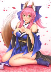 Rule 34 | 10s, 1girl, animal ears, bare shoulders, blush, breasts, cleavage, detached sleeves, fang, fate/extra, fate (series), fox ears, fox tail, hair ribbon, hand on own chest, hozenkakari, japanese clothes, large breasts, looking at viewer, open mouth, pink hair, ponytail, ribbon, sitting, solo, tail, tamamo no mae (fate/extra), wariza, yellow eyes