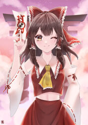 Rule 34 | 1girl, ;), absurdres, ascot, bow, brown eyes, brown hair, clip studio paint (medium), collarbone, commentary, detached sleeves, ellen drawing, hair bow, hair tubes, hakurei reimu, hand on own hip, highres, medium hair, ofuda, one eye closed, outdoors, red bow, red shirt, ribbon-trimmed sleeves, ribbon trim, shirt, sidelocks, smile, solo, torii, touhou, yellow ascot