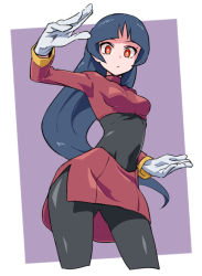 Rule 34 | 1girl, betuni, black bodysuit, black hair, blunt bangs, bodysuit, breasts, bright pupils, closed mouth, commentary, creatures (company), crop top, eyelashes, floating hair, game freak, gloves, hand up, long hair, long sleeves, looking at viewer, nintendo, pokemon, pokemon frlg, purple background, red eyes, red skirt, sabrina (pokemon), side slit, simple background, skirt, solo, turtleneck, white background, white gloves, white pupils