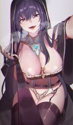 Rule 34 | 1girl, absurdres, bad id, bad twitter id, black thighhighs, blush, breasts, breath, cleavage, garter straps, gem, glowing, grey background, habit, hair between eyes, highres, holding, huge breasts, impossible clothes, kneeling, large breasts, long hair, looking at viewer, navel, open mouth, original, orn, purple hair, red eyes, saliva, simple background, sitting, solo, sweat, thighhighs