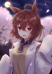 Rule 34 | 1girl, absurdres, agnes tachyon (umamusume), ahoge, animal ears, banned artist, blurry, blurry background, brown eyes, brown hair, chemical structure, cherry blossoms, full moon, hair between eyes, highres, horse ears, horse girl, lab coat, long sleeves, looking at viewer, moon, night, oohirakeisuke, outdoors, short hair, sleeves past fingers, sleeves past wrists, solo, sweater, umamusume, yellow sweater