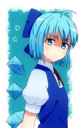 Rule 34 | 1girl, anger vein, annoyed, bad id, bad pixiv id, blue dress, blue eyes, blue hair, blush, bow, cirno, dress, dress shirt, hair bow, highres, ice, ice wings, looking at viewer, matching hair/eyes, mikomiko (mikomikosu), puffy short sleeves, puffy sleeves, red ribbon, ribbon, shirt, short hair, short sleeves, smile, solo, touhou, upper body, white shirt, wings
