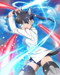 Rule 34 | 1girl, animal ears, artist request, black hair, brown eyes, dog ears, dog tail, eyepatch, gluteal fold, katana, long hair, magic, official art, open mouth, ponytail, sakamoto mio, school swimsuit, strike witches, striker unit, swimsuit, swimsuit under clothes, sword, tail, teeth, weapon, world witches series