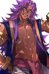 Rule 34 | 1boy, bare shoulders, bhima (fate), cowboy shot, dark-skinned male, dark skin, eeju, fate/grand order, fate (series), floating hair, gauntlets, gold trim, highres, indian clothes, long hair, looking to the side, male focus, pelvic curtain, purple eyes, purple hair, purple vest, simple background, smile, solo, toned, toned male, very long hair, vest