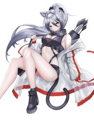 Rule 34 | 1girl, arknights, arrow (projectile), bare legs, bare shoulders, black footwear, black scarf, black shorts, boots, breasts, cat tail, cleavage, commentary, crop top, foot out of frame, hair between eyes, highres, infection monitor (arknights), jacket, large breasts, long hair, long sleeves, looking at viewer, midriff, off shoulder, open clothes, open jacket, ponytail, quiver, rita (arumhh), scarf, schwarz (arknights), short shorts, shorts, simple background, solo, stomach, tail, thighs, very long hair, white background, white jacket, yellow eyes