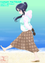 Rule 34 | 1girl, absurdres, aqua jacket, aqua scrunchie, arms behind back, artist name, artist request, barefoot, beach, blue hair, blue sky, blush, breasts, brown skirt, checkered clothes, checkered skirt, cloud, day, drawstring, feet, female focus, floating hair, full body, hair between eyes, hair ornament, hair scrunchie, high ponytail, highres, holding, holding shoes, hood, hood jacket, hoodie, jacket, long hair, looking at viewer, looking to the side, love live!, love live! sunshine!!, matsuura kanan, medium breasts, miniskirt, outdoors, parted lips, plaid, plaid skirt, pleated, pleated skirt, ponytail, purple eyes, scrunchie, shoes, skirt, sky, smile, solo, wavy hair, white hoodie